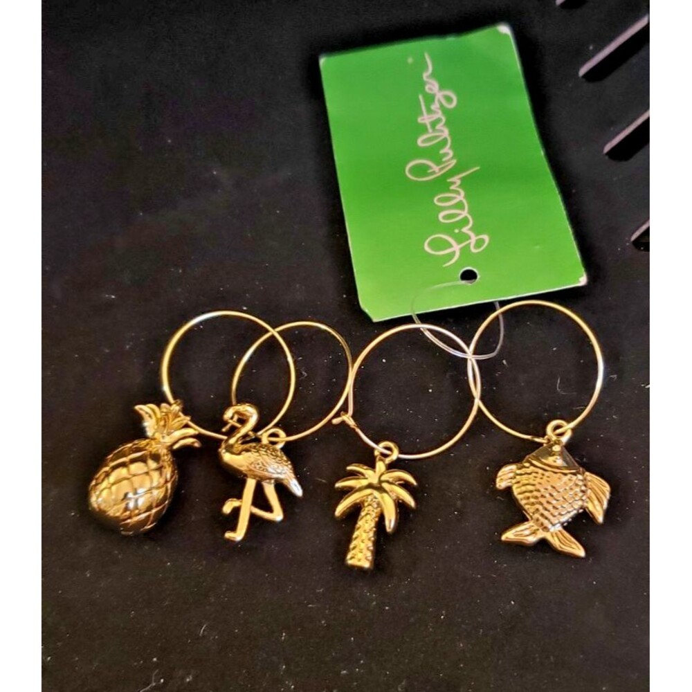 Lilly Pulitzer Wine Glass Charms - Gold Flamingo, Palm Tree, Fish, & PIneapple - Picture 2 of 8